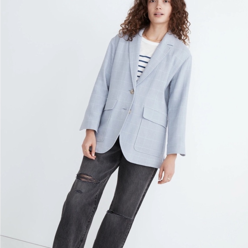Madewell Larsen Women's Light Dusty Blue Relaxed Windowpane Jacket Blazer M